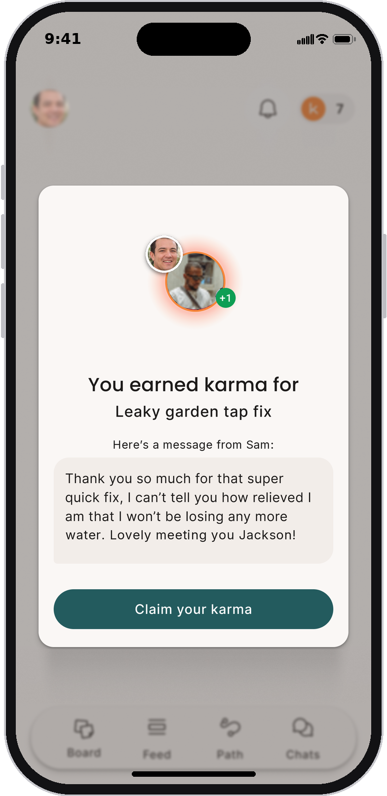 karma app: you earned karma for a favor, with a thank-you message.