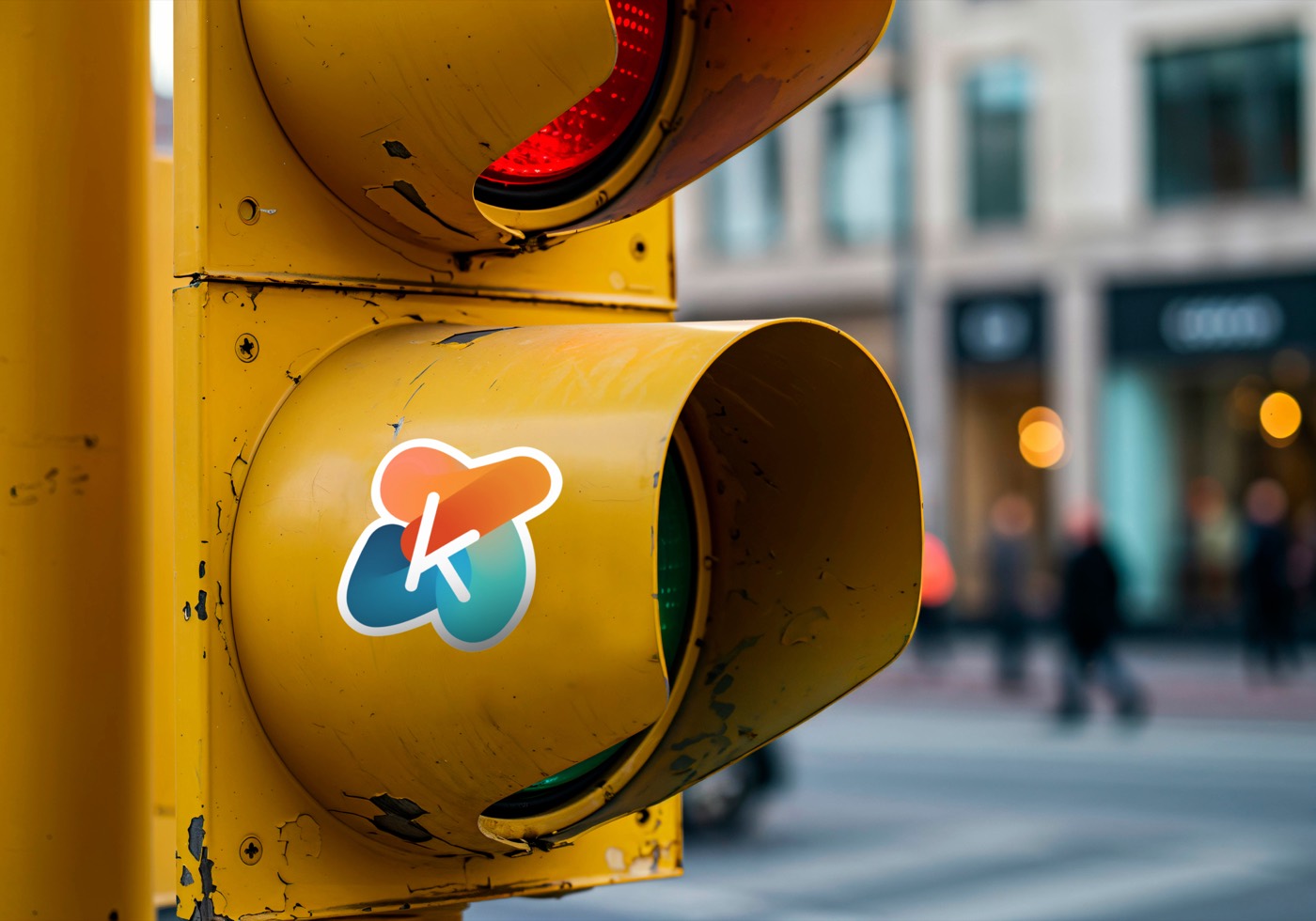 karma logo sticker on a city traffic light